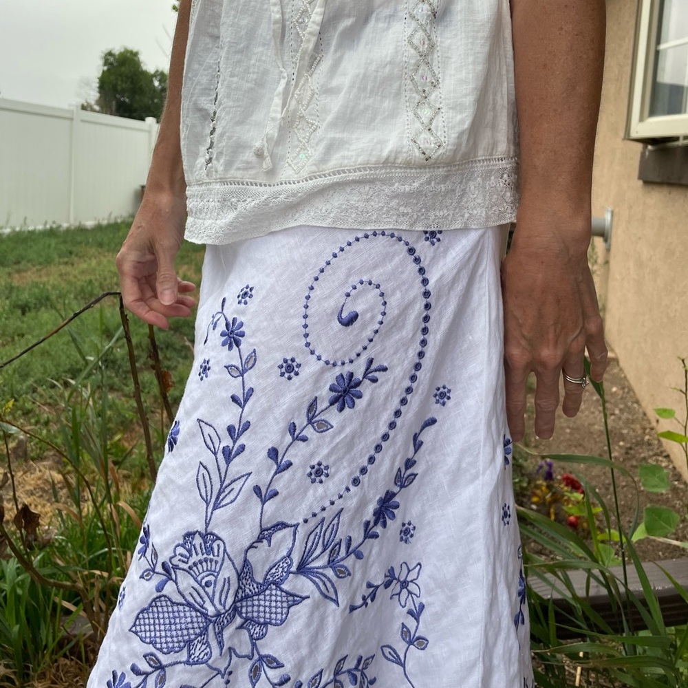 Embroidered White and Blue Floral Linen Skirt